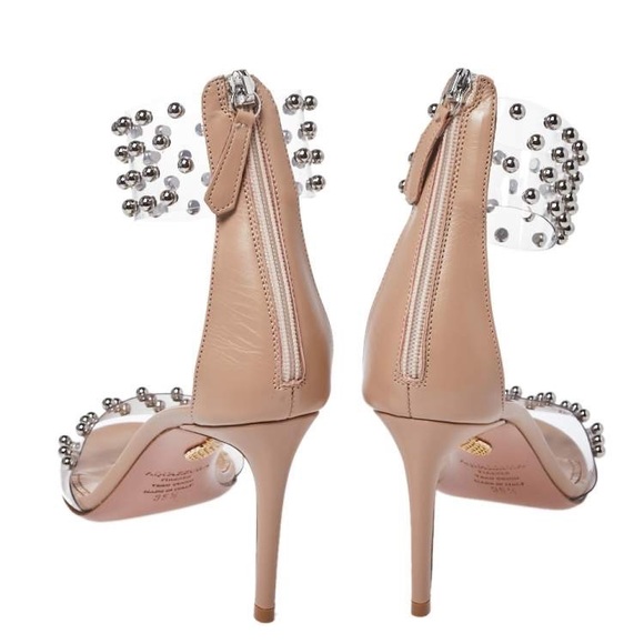 AQUAZZURA Beige Leather And Studded PVC Illusion Ankle Cuff Sandals Size 41 - Picture 4 of 8